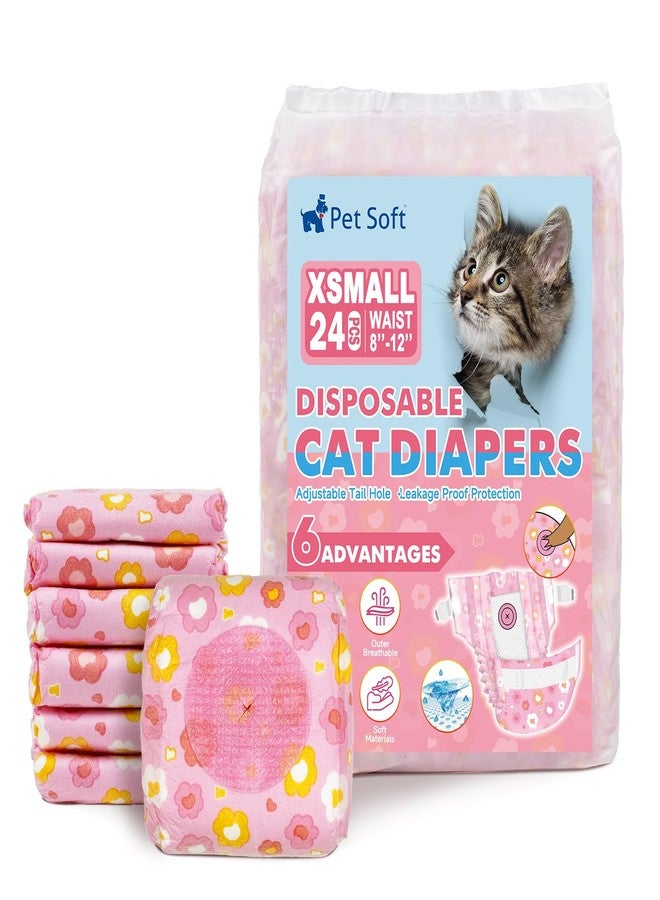 Pet Soft Disposable Cat Diapers - Diaper for Female & Male Cats, Puppy Doggie Diapers for Female Dogs with Adjustable Foam Tail Hole, X-Small (24Pcs, PK Flowers) - Image 1